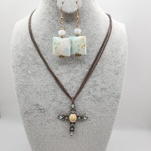 1928 Jewelry Copper Tone Cross Necklace & Artisan Dangle Earrings Set Boho Teal